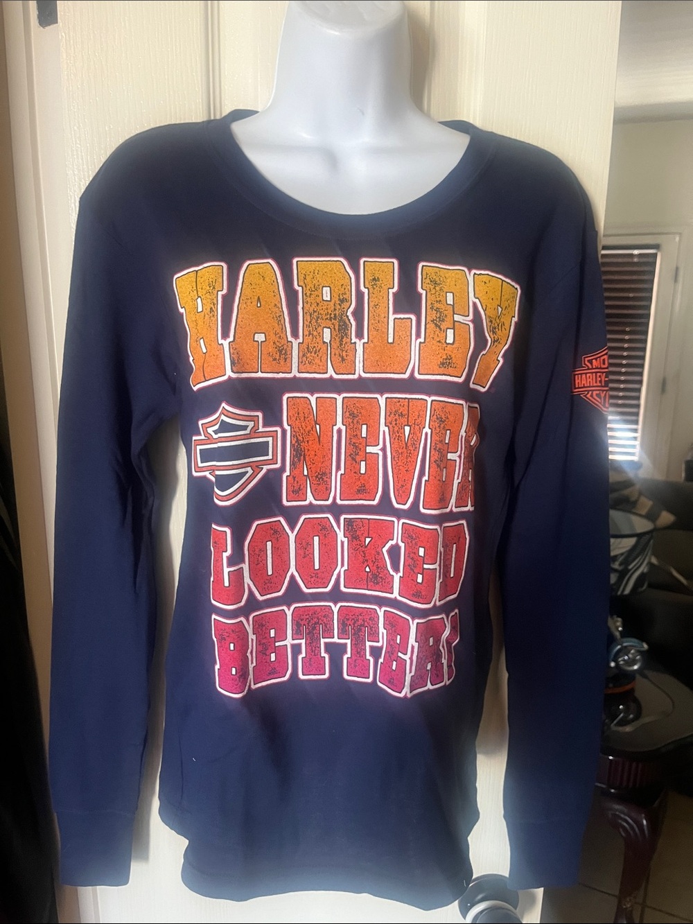 NWT- Harley-Davidson Navy Graphic Long Sleeve Tee - Multi-Color Lettering